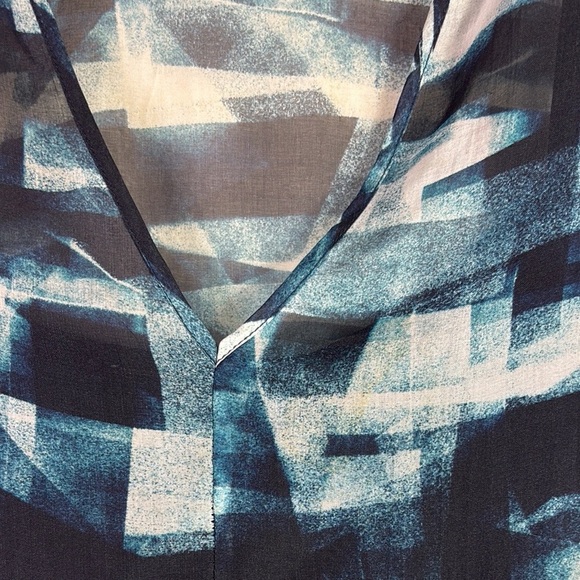 Theory 100% Silk Abstract Blue Teal Black Mini Ruffled Flutter Sleeves Dress 6 - Picture 14 of 14